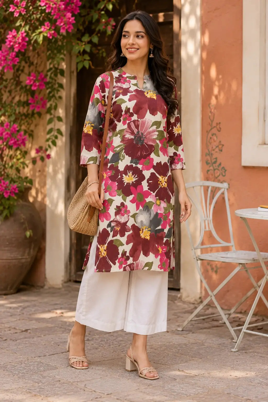 Young woman wearing Rabric floral cotton kurti with stylish palazzo pants in casual lifestyle fashion look